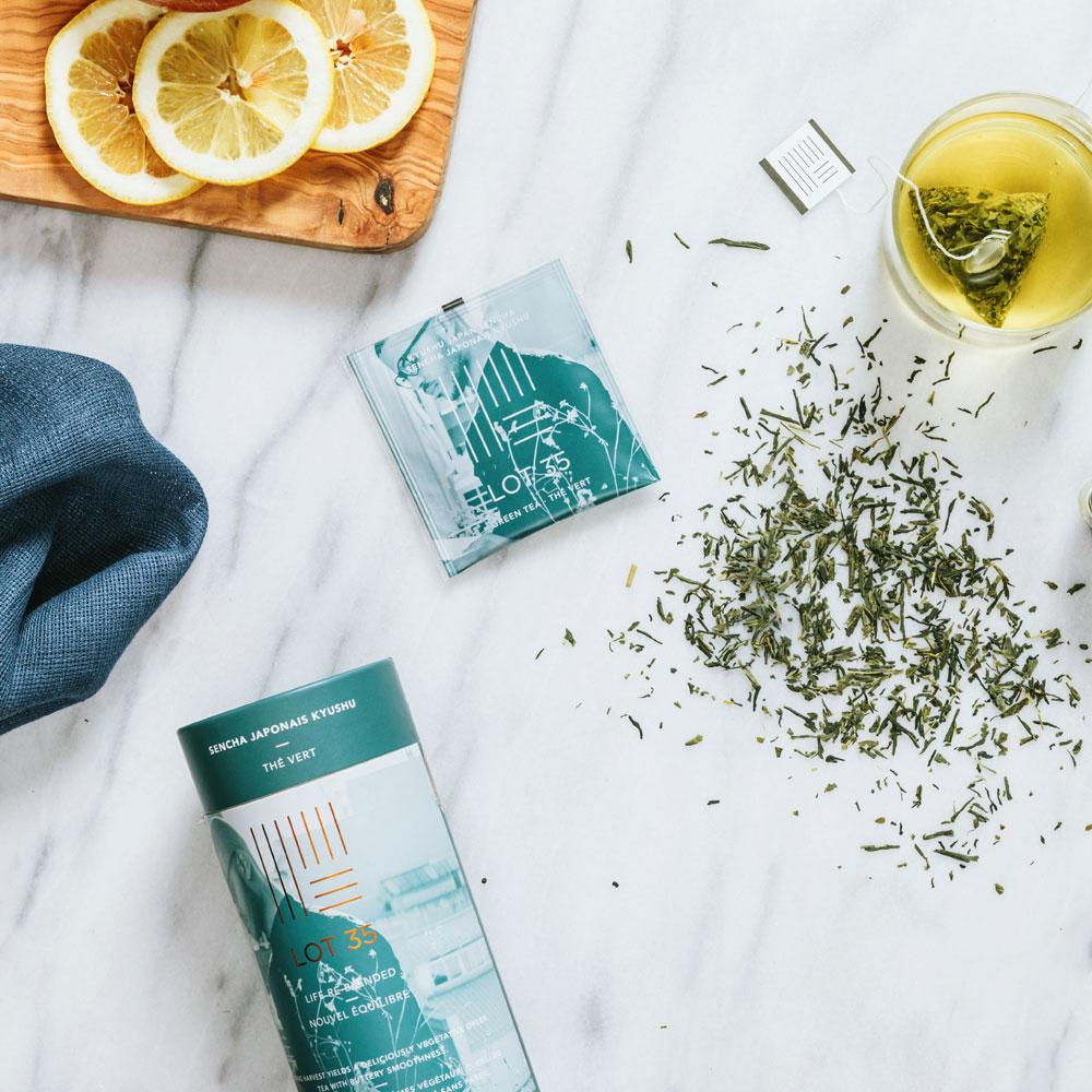 Kyushu Japan Sencha loose leaf tea by Lot 35 and cup of tea