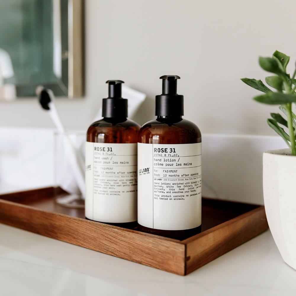 Le Labo Rose 31 hand wash and lotion on tray